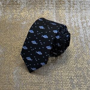 NORDSTROM Boys Skinny Black & Blue Nautical Fish Necktie Preppy Marine Fisherman